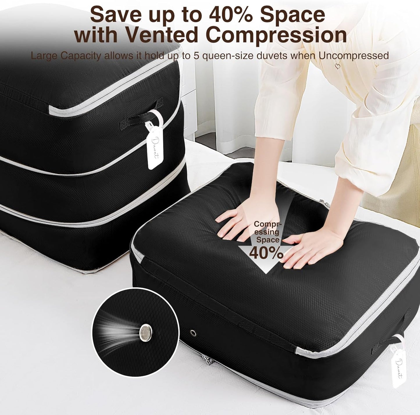 4 Pack Compression Storage Bags - 110L Large Capacity Comforter Storage Bag, 3-Layer Washable Ultra Space Saving Self Compression Organizer Space Bags for Blanket, Sweater, Sheet, Black