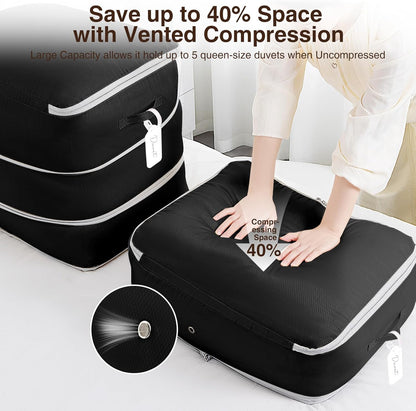 4 Pack Compression Storage Bags - 110L Large Capacity Comforter Storage Bag, 3-Layer Washable Ultra Space Saving Self Compression Organizer Space Bags for Blanket, Sweater, Sheet, Black