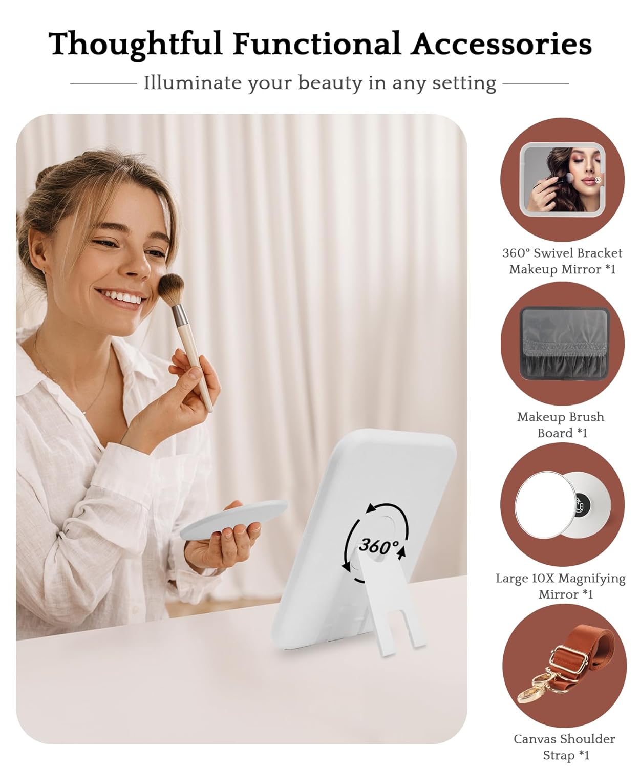 MOMIRA Travel Makeup Bag Cosmetic Bag with Lighted Mirror, Adjustable Brightness in 3 Color Scenarios/Detachable makeup mirror, All-round Upgrade, Waterproof, Gift for Women -Red Brown