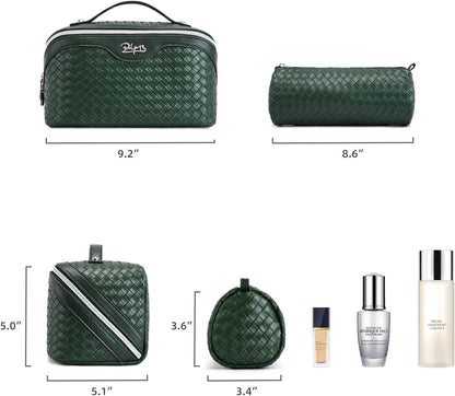 BOYATU Travel Makeup Bag Cosmetic Bags for Women: Large Capacity 3 Pcs Set Make up Bag with Compartments - Waterproof Vegan Leather Toiletry Organizer Bags with Handle - Travel Essentials(L06 Olive)