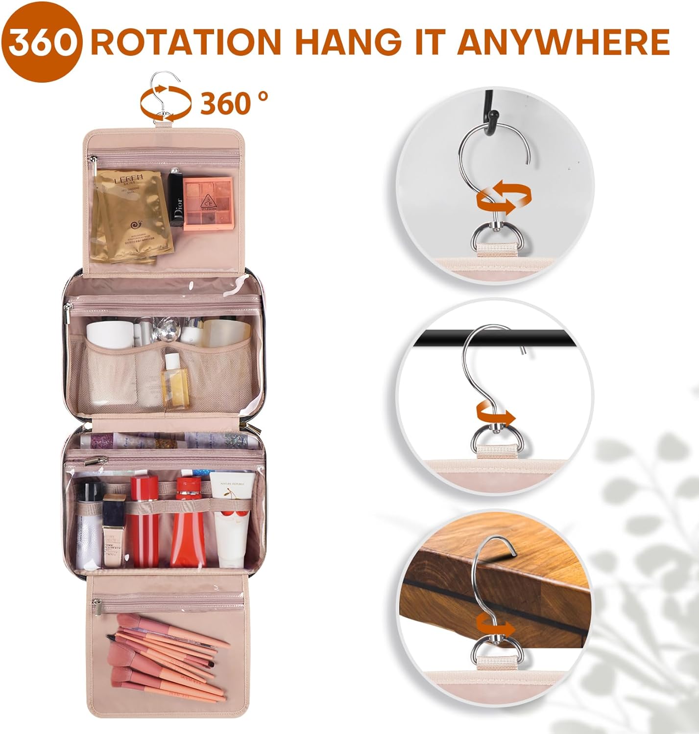 Hanging Toiletry Bag for Women Travel, 2 Sizes Large & Small Waterproof Cosmetic Organizer with 4 Compartments, Rotating Hook, Foldable Pink Travel Bag for Toiletries & Makeup - Large Pink