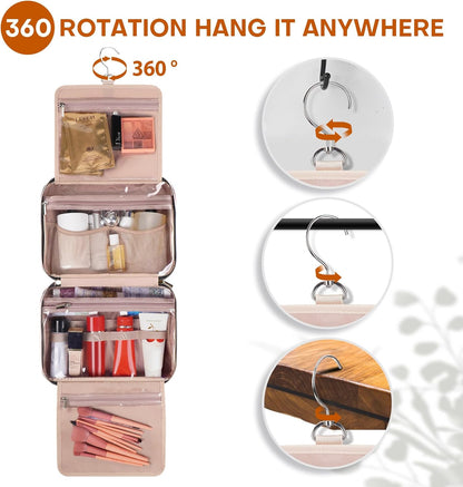 Hanging Toiletry Bag for Women Travel, 2 Sizes Large & Small Waterproof Cosmetic Organizer with 4 Compartments, Rotating Hook, Foldable Pink Travel Bag for Toiletries & Makeup - Medium Pink