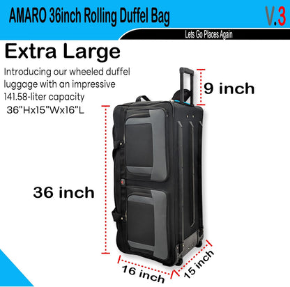 36" Rolling Duffle Bag with Wheels and Handle - Multiple Compartments/Compression Straps With Buckles