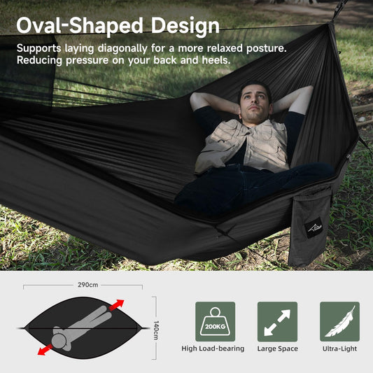 Camping Hammock with Mosquito Net and Ridge Rope, Extra Large for 2 Person, Lightweight Hanging Hammocks Tree Straps, All-in-one Fast Open Hammock for Outside, Hiking, and Travel
