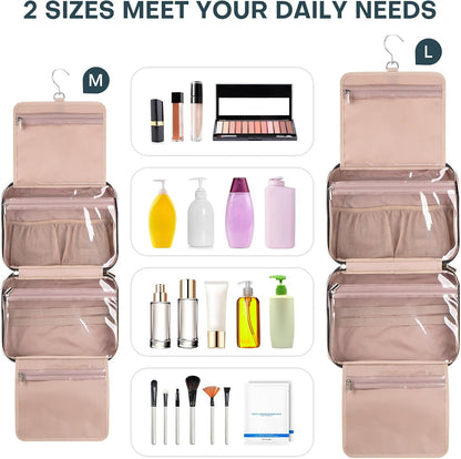 Hanging Toiletry Bag for Women Travel, 2 Sizes Large & Small Waterproof Cosmetic Organizer with 4 Compartments, Rotating Hook, Foldable Pink Travel Bag for Toiletries & Makeup Medium Lake Blue