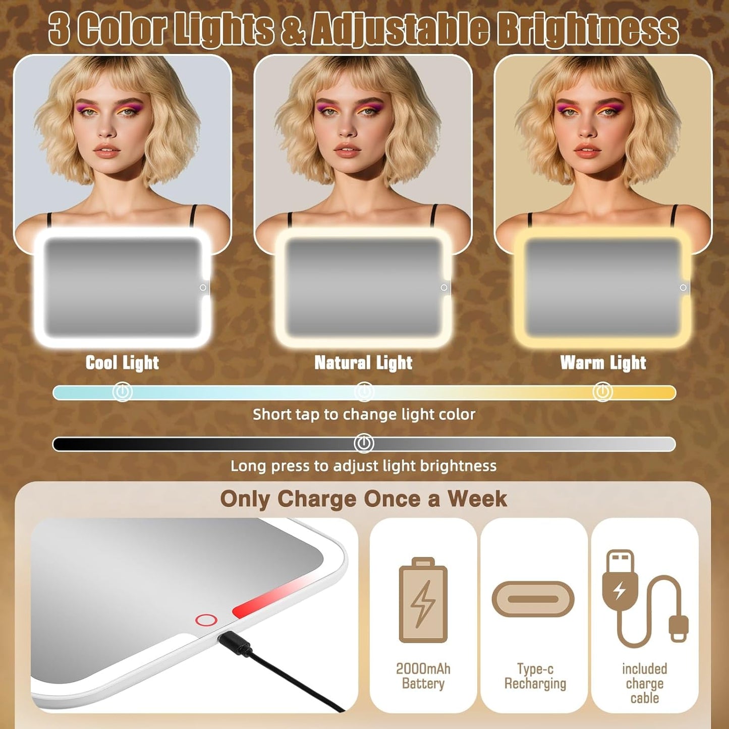 Large Travel Makeup Bag with LED Mirror, 3-Color Stepless Dimming Stand Mirror Detachable, with Adjustable Divider, Makeup Brush Holder Storage (Leopard)