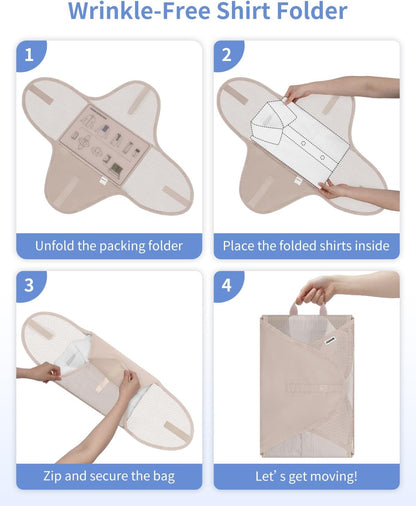 WANDF 7 Set Compression Packing Cubes for Travel, Shirt Folder for Wrinkle-Free, Suitcase Organizer Bags Set for Carry-On Checked Luggage Duffle Bag Women Men(Khaki)