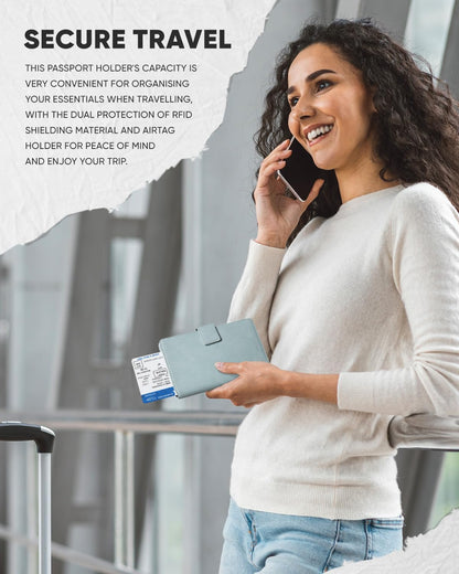 VULKIT Passport Holder with Airtag Holder RFID Blocking Passport Wallet Travel Leather Passport for Women(Blue)