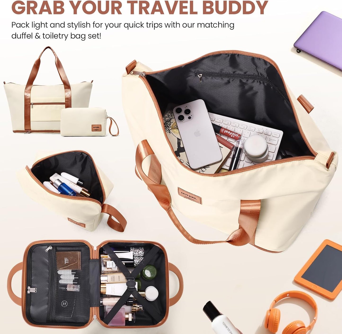 Hoteel 6 Piece Luggage Set (4-YEAR WARRANTY) Carry on ABS+PC Hard Shell Suitcase with Spinner Wheels & TSA Lock (Beige)