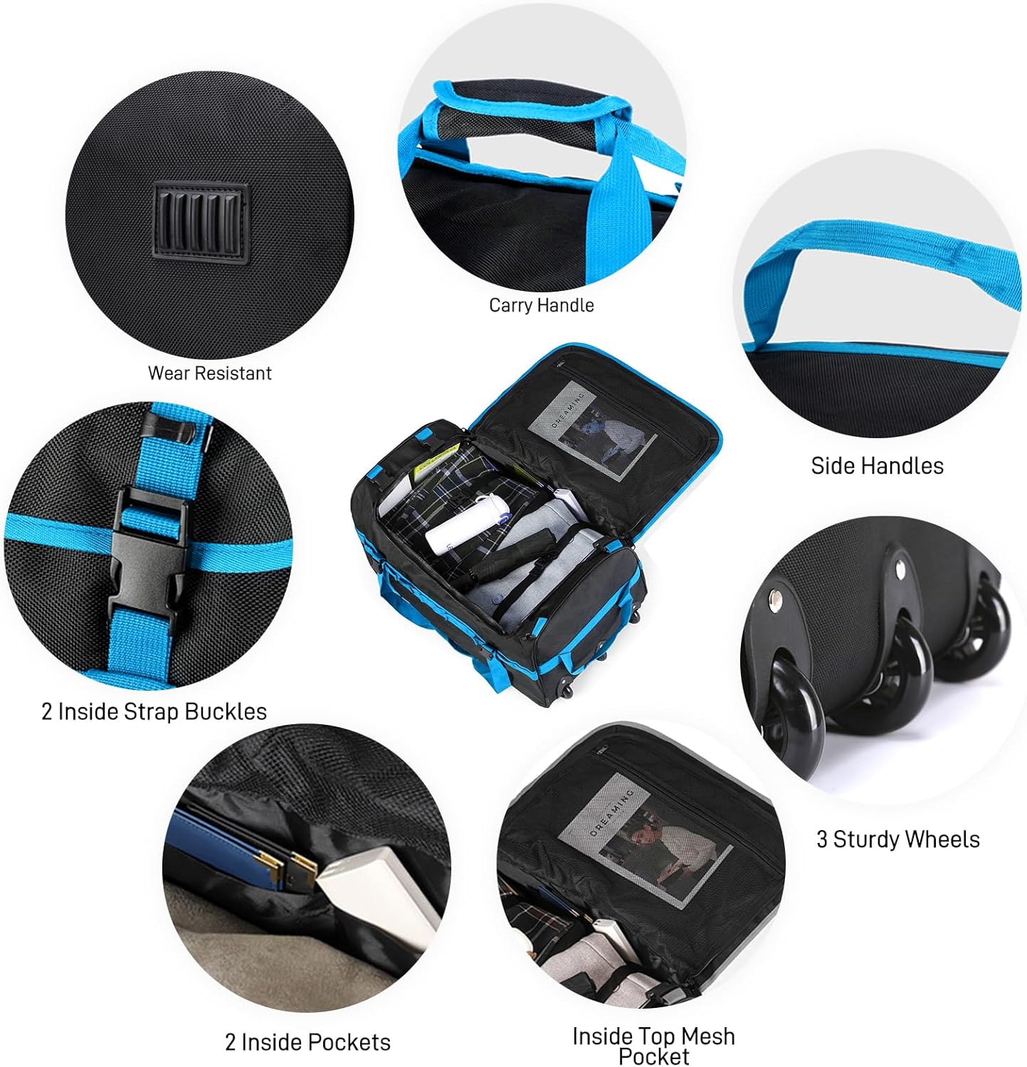 Foldable Rolling Duffle Bag with Wheels, 85L Extra Large Wheeled Travel Duffel, Waterproof Collapsible Weekender Luggage with Rollers for Storage Camping Sports Outdoor, Blue