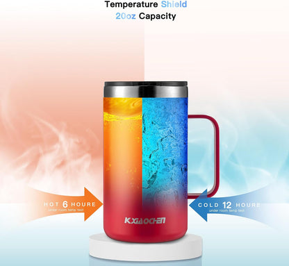 KXIAOCHEN 20oz Insulated Coffee Mug with Lid, Stainless Steel Coffee Cup, Double Wall Vacuum Coffee Tumbler with Handle, Premium Thermal Travel Coffee Mug (Red Emerald 2Pack)
