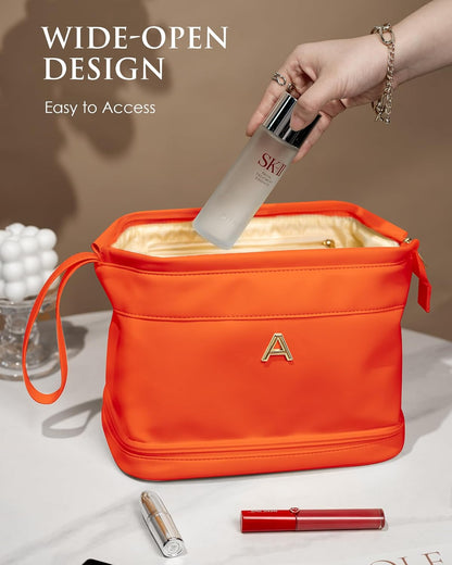 Gifts for Her - Initial Large Makeup Bags, Personalized Double Layer Cosmetic Bags with Makeup Brush Organizer, Waterproof PU Leather Travel Toiletry Bags for Wedding & Bridesmaid Gifts
