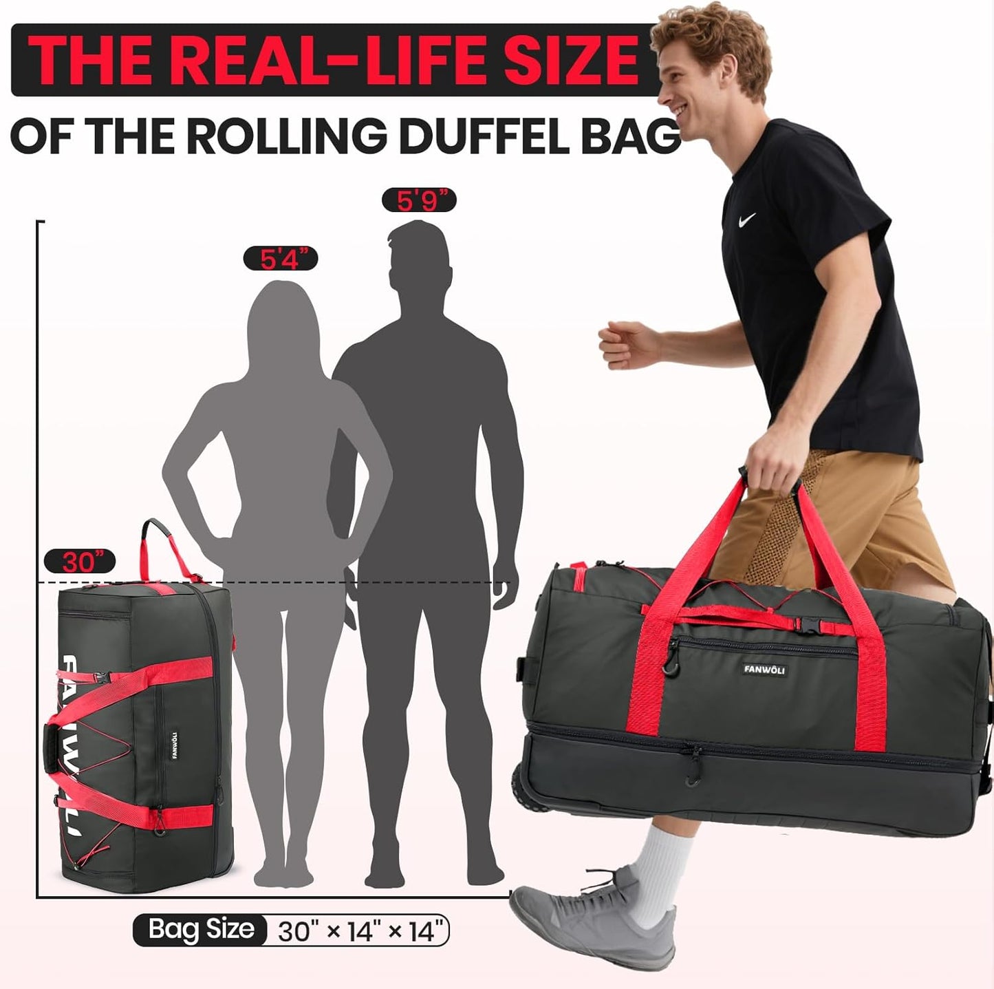 Fanwoli 30'' Rolling Duffel Bag with 2 Wheels - No-Sag Design for Heavy Loads, Expandable 100L-120L Luggage with Soft Handle & Lock, Waterproof Foldable Lightweight with for Travel, Camping,Moving