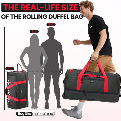 Fanwoli 30'' Rolling Duffel Bag with 2 Wheels - No-Sag Design for Heavy Loads, Expandable 100L-120L Luggage with Soft Handle & Lock, Waterproof Foldable Lightweight with for Travel, Camping,Moving