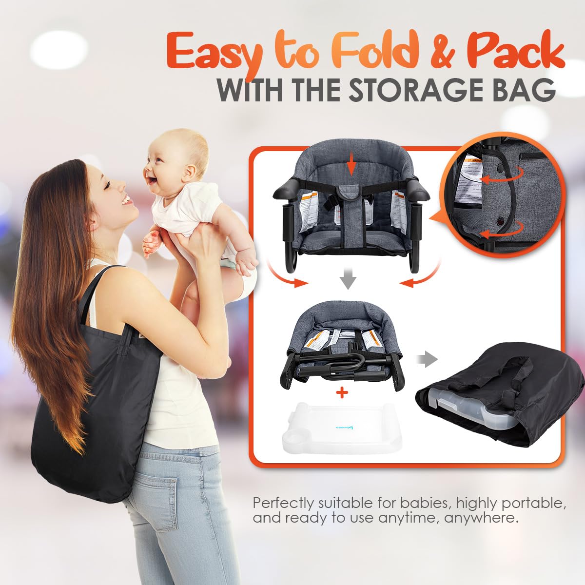 Hook On Chair with Removable Dining Tray,Portable Hook-On Chairs with Storage Bag,for Home and Travel(Grey)