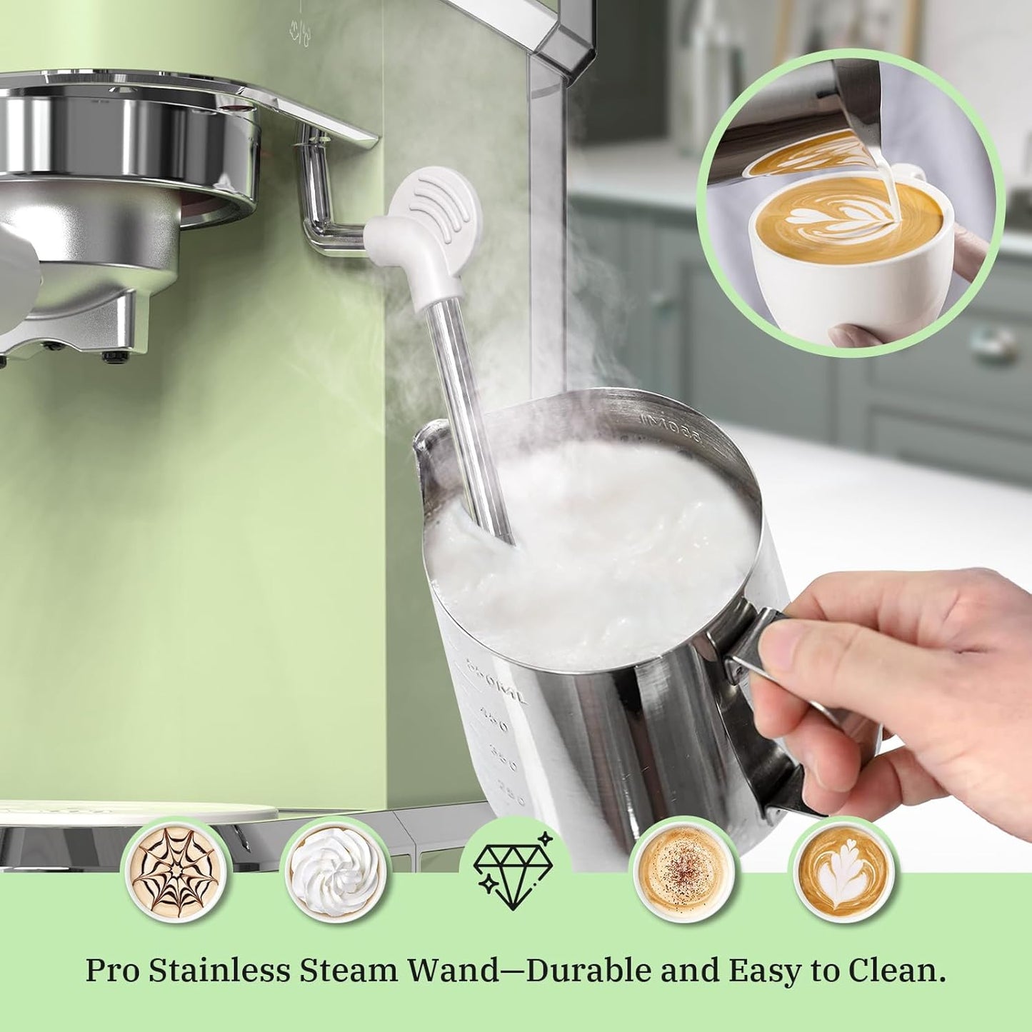 Laekerrt Espresso Machine 20 Bar Espresso Maker CMEP01 with Milk Frother Steam Wand, Professional Expresso Machine for Cappuccino and Latte (Stainless Steel, Green) Gift for Dad, Father, Coffee Lovers