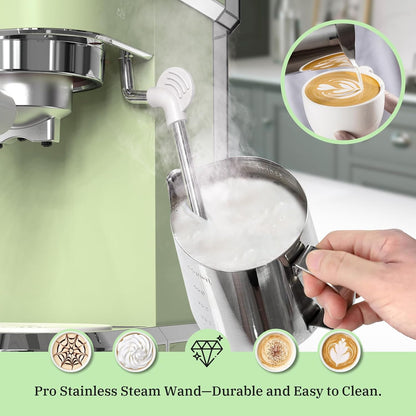 Laekerrt Espresso Machine 20 Bar Espresso Maker CMEP01 with Milk Frother Steam Wand, Professional Expresso Machine for Cappuccino and Latte (Stainless Steel, Green) Gift for Dad, Father, Coffee Lovers