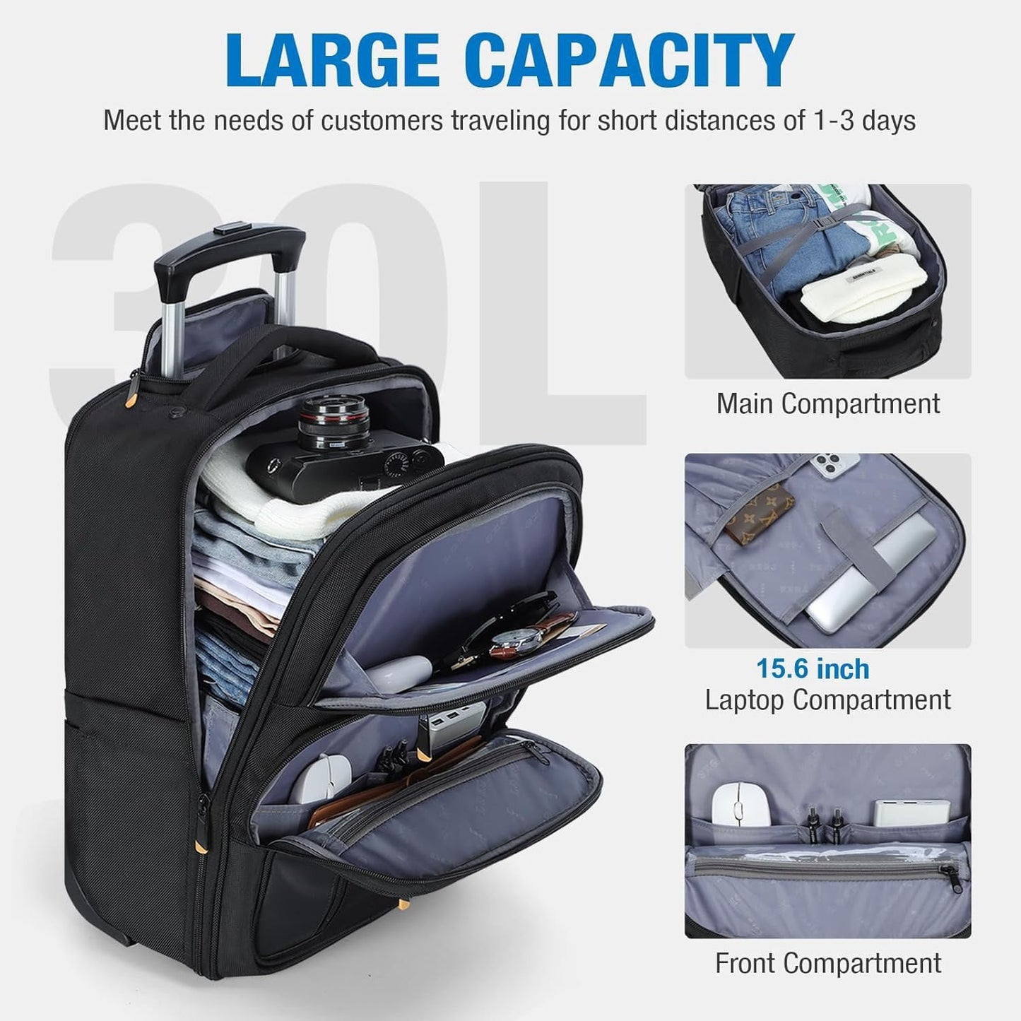 Rolling Backpack, 15.6 inch Laptop Backpack with Wheels, Flight Approved Water Resistant Underseat Carry on Lugagge Wheeled Bag for Men Women Adults, Black