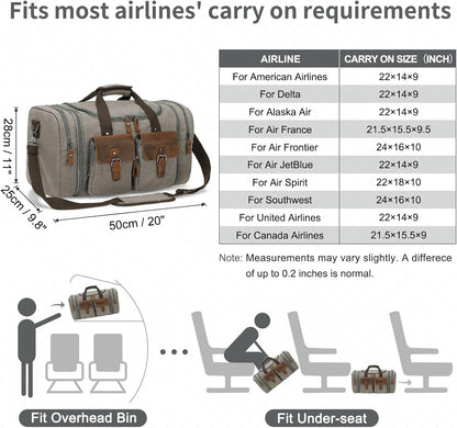 Canvas Duffle Bag with Genuine Leather Accents, Expandable 20-23 Inch Travel Weekender, Multiple Pockets, Gray
