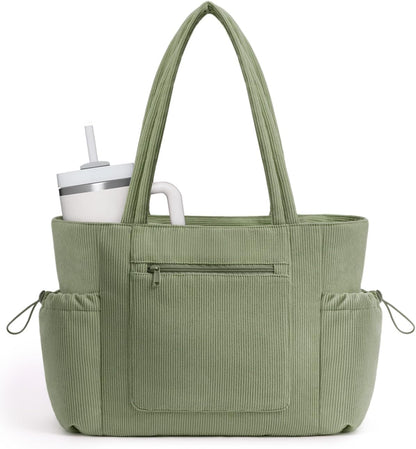 ECOHUB Tote Bag for Women, Work Tote Bags with Laptop Compartment, Large Corduroy Tote Bag with Stanley Cup Holder