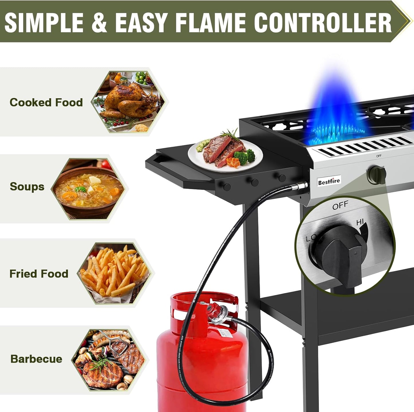 BESTFIRE 2 Burner Propane Gas Stove Outdoor Cooking Station – 150,000 BTU Double Cast Iron Burner with Auto Ignition, Regulator, Side Shelves & Wheels – Portable No-Windshield Design for Camping