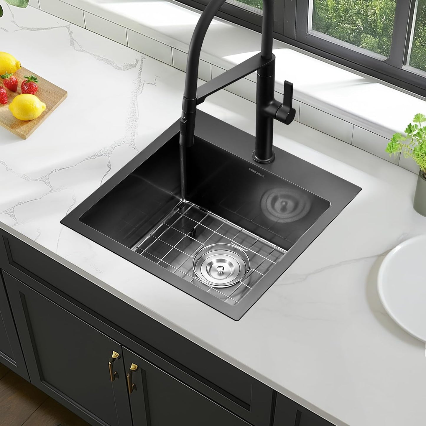 18-Inch Black Bar Sink Drop-In, SINKVINE PVD Nano Stainless Steel Kitchen Sink for Laundry, Outdoor, RV, Top Mount Deep Single Bowl Sink w/Drain Strainer, Bottom Grid, Roll-up Drying Unit, Dark Gray