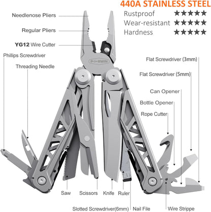 Multitool, 17-in-1 Stainless Steel Multi Tool Pliers with Self-Locking, Pocket Knife, Nylon Sheath, Professional (EDC) Multi-Tool for Survival, Camping and Hunting, Hiking, Simple Repair