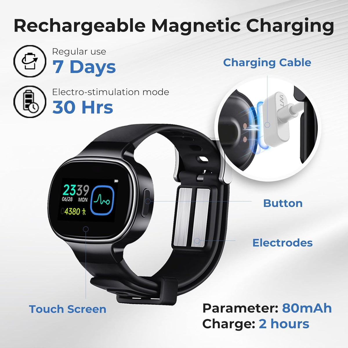 EmeTerm Smart FDA-Cleared Anti-Nausea Wristwatch Touchscreen IP67 Waterproof Morning Motion Sickness Relief Rechargeable Fast Acting Drug Free (Black - Extra 2pack Conductive Gel)