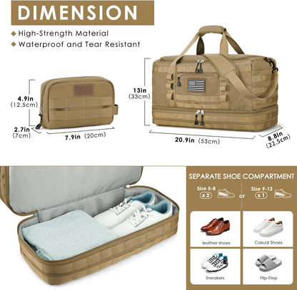 ETRONIK Travel Bag for Men Women, Gym Bag & Tactical Duffle Bags for Travel, Carry on with Toiletry Bag and Shoe Compartment, Weekender Overnight Trip with Wet Pocket for Workout Medical, Brown