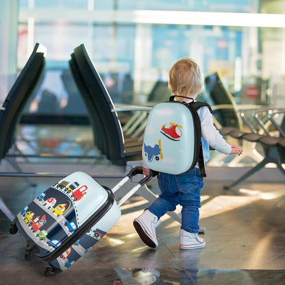 HONEY JOY Kids Luggage, 12" Toddler Backpack & 16" Travel Suitcase with Wheels, Lightweight Toddler Girls Suitcase, Durable ABS Hardshell, 2Pcs Carry On Luggage Set for Boys Girls(Car)