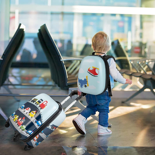 HONEY JOY Kids Luggage, 12" Toddler Backpack & 16" Travel Suitcase with Wheels, Lightweight Toddler Girls Suitcase, Durable ABS Hardshell, 2Pcs Carry On Luggage Set for Boys Girls(Car)