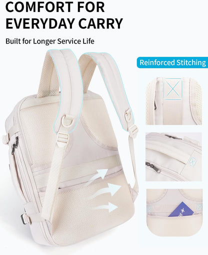 ECOHUB 30L Carry on Travel Backpack for Men Women 18x14x8, 17 inch Expandable Airlines Personal Item Bag Water Resistant Laptop Backpack Flight Approved with USB Slot & Wet Pocket, Beige