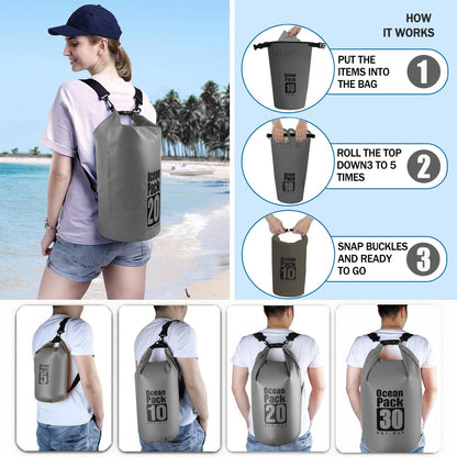 Dry Bag Waterproof Backpack 5L/10L/20L/30L Roll Top Waterproof Bag,Floating Dry bags for Kayaking,Swimming,Boating,Camping,Beach.