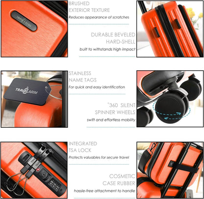 22 Inch Carry On Luggage 22x14x9 Airline Approved, Carry On Suitcase with Wheels, Hard-shell Carry-on Luggage, Durable Luggage Carry-On, Orange Small Suitcase with Cosmetic CaseBag