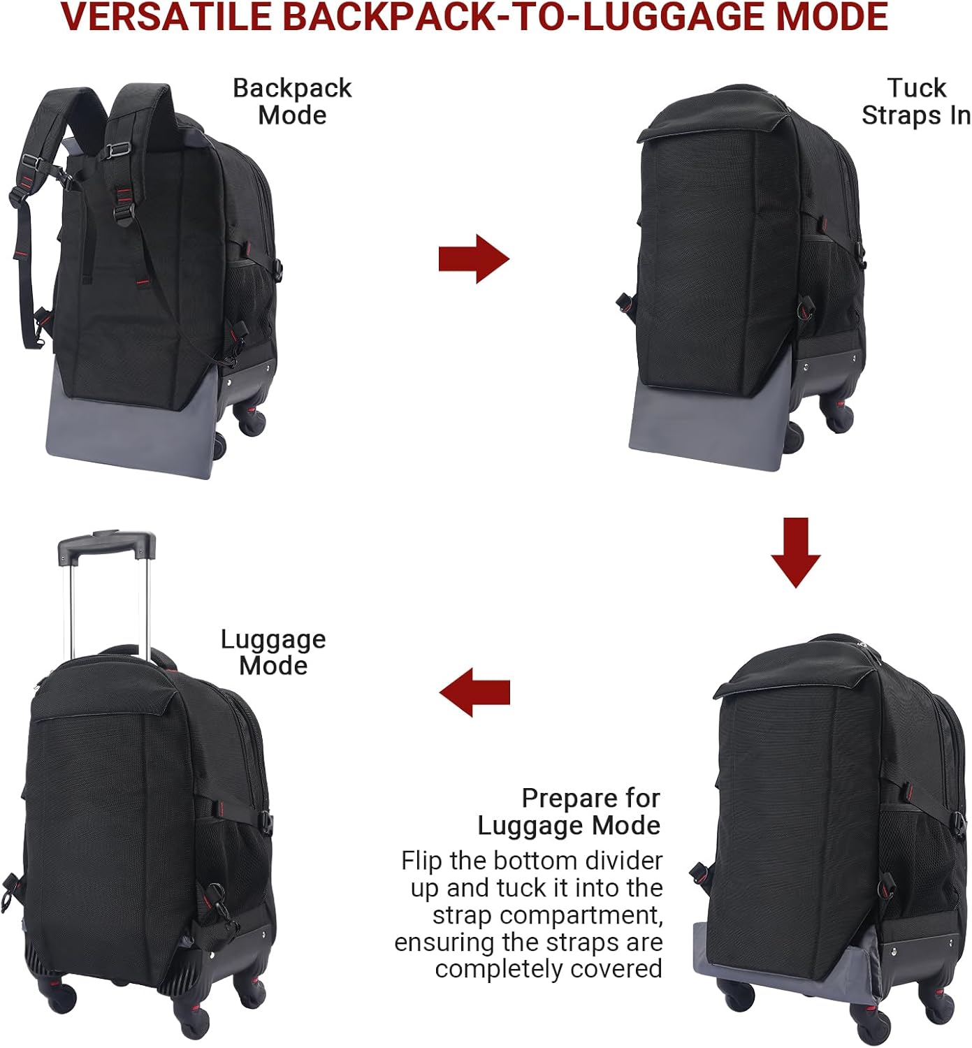 StarCloud 4-Wheel Checked Rolling Backpack 55L (24x15x9in): Extra-Large Roller Travel Laptop Backpack for Business, Water-Resistant Luggage, Backpack with Wheels for Travel and Commuting