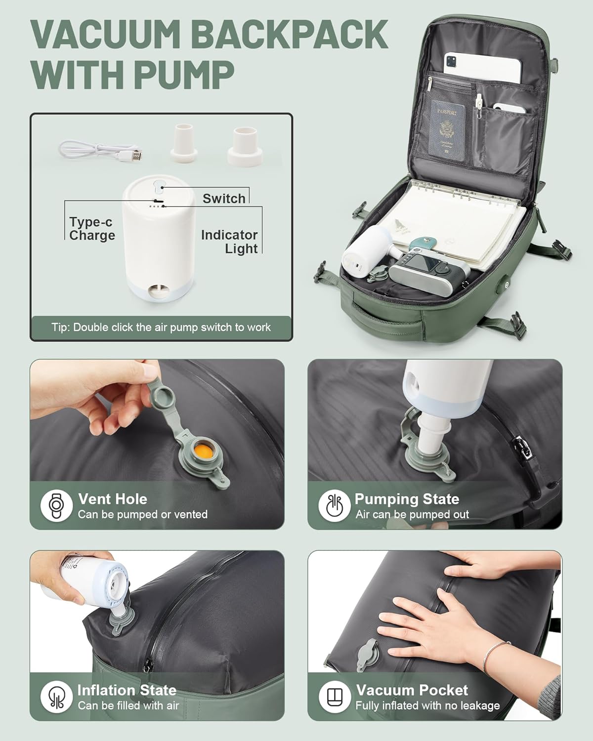 Vacuum Backpack Travel Laptop Backpacks For Women Men Carry On Backpack With Vacuum Compression Bags Seal Packing Personal Item Travel Bag Vacpack Backpacks With Pump Olive Green