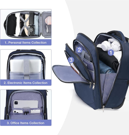 Rolling Backpack for Adults,18 Inch Waterproof Carry on Backpack with Wheels,Wheeled Backpack Carry on Luggage,Trolley Laptop Backpack with Wheels, Navy Blue Large