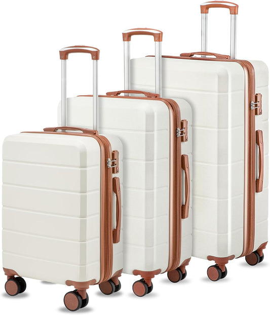 Luggage Sets 3 Piece, Expandable Hardside Suitcases with Wheels, White Brown