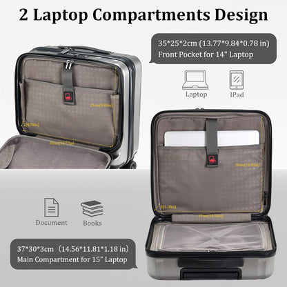 16 Inch Carry On Luggage with 2 Compartments for 14” & 15” Laptop, 16.14*8*17.12” Rolling Briefcase, Lightweight Hardshell ABS+PC Suitcase with Spinner Silent Wheels, for Business Trip, Dark Gray