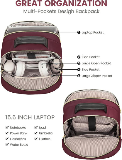 LOVEVOOK Laptop Backpack Purse for Women, Work Business Travel Computer Bags, College Nurse Backpack for Womens, Quilted Casual Daypack with USB Port, Fit 15.6 Inch Laptop, Wine Red