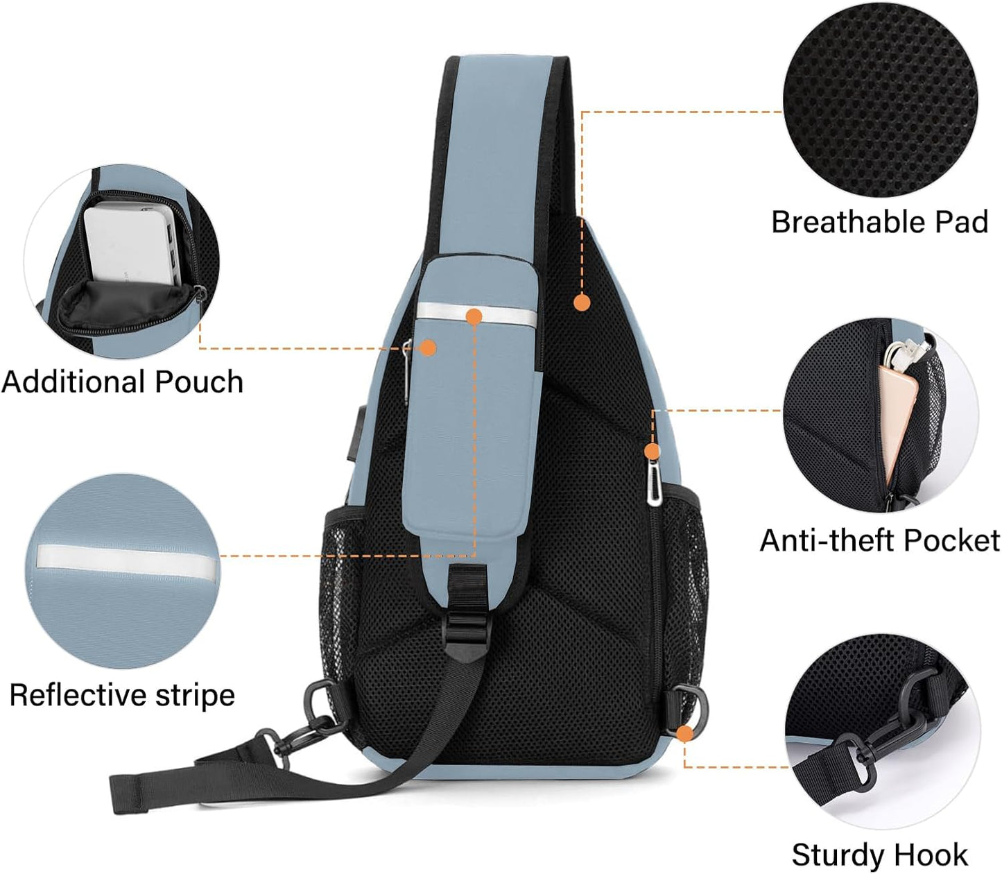 MOSISO Sling Backpack Bag, Crossbody Shoulder Bag Travel Hiking Daypack Chest Bag with Front Square Pocket&USB Charging Port