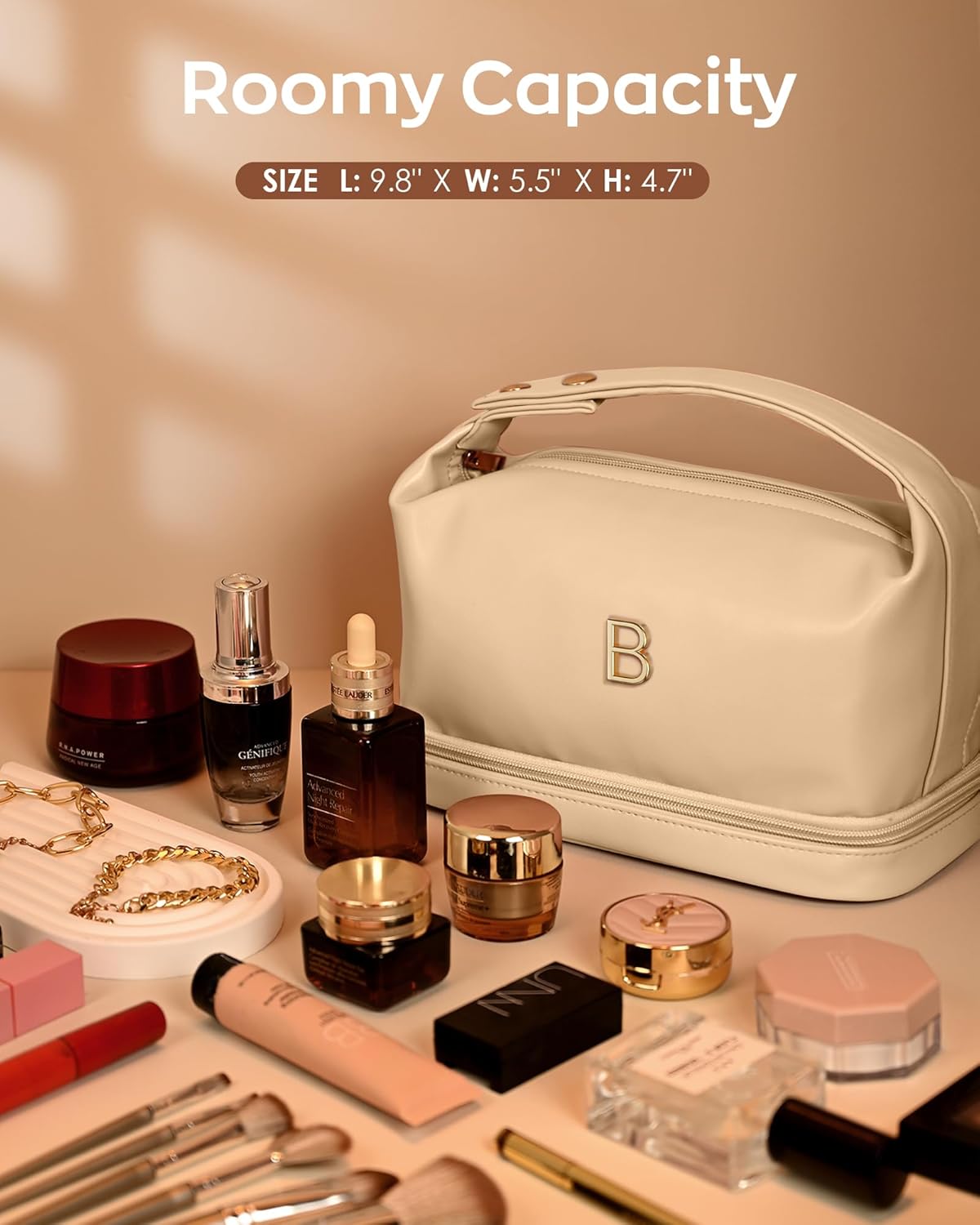 Personalized Gifts, Makeup Bags with Handle, Waterproof Double Layer Cosmetic Bag, Large Capacity PU Leather Makeup Bags Letter Travel Toiletry Bag, Birthday Gifts for Girls