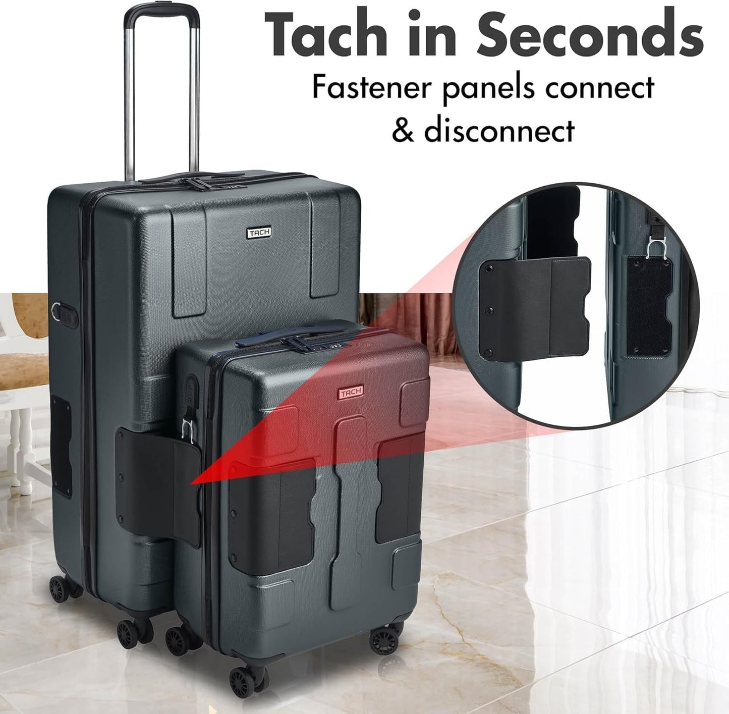 Tach V3.1 Hard Shell 2 Piece Luggage Set - 20 & 28 inch Luggage | Carry On & Large Checked Suitcases | Patented Built-In Connecting System | Rolling Suitcase Links 9 Bags (Grey)