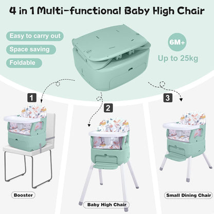 4 in 1 Portable Baby Highchair Convertible Highchair for Babies and Toddlers - Foldable Carry Small Box, High Chair, Infant Booster Seat, Dining Chair, Easy to Carry and Store(Green)