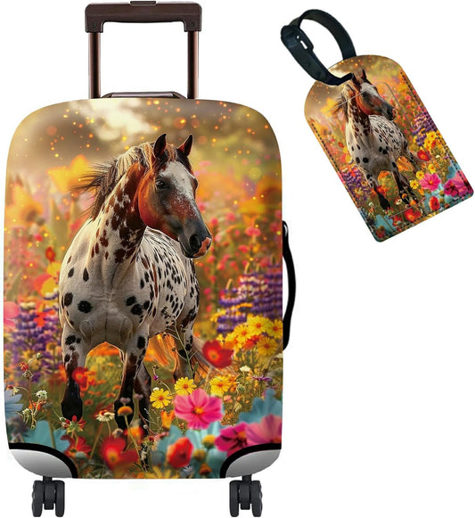 Luggage Cover Suitcase Protector + Tag, Spotted Horse Garden Travel Suitcase Cover for 18-20 inch Luggage (S) with Concealed Zipper, Washable Elastic Cloth, Dustproof, Anti-Scratch