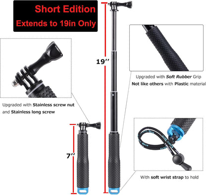 19” Short Extension Selfie Stick Compact Handle Grip Adjustable Waterproof Monopod Pole Compatible with GoPro Hero 13 12 11 10 9 8 7 6 5 AKASO DJI Osmo Action Camera(Mini Size)