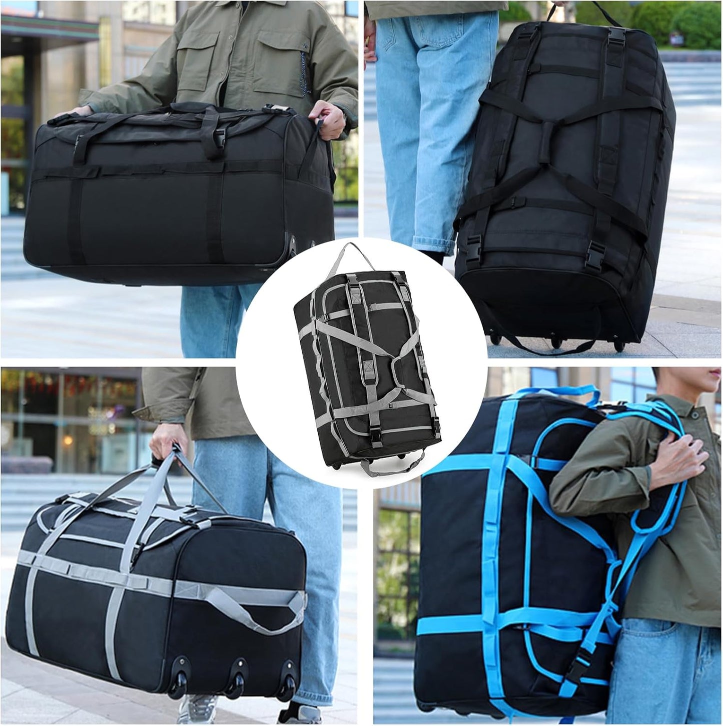 Foldable Rolling Duffle Bag with Wheels, 85L Extra Large Wheeled Travel Duffel, Waterproof Collapsible Weekender Luggage with Rollers for Storage Camping Sports Outdoor, Gray