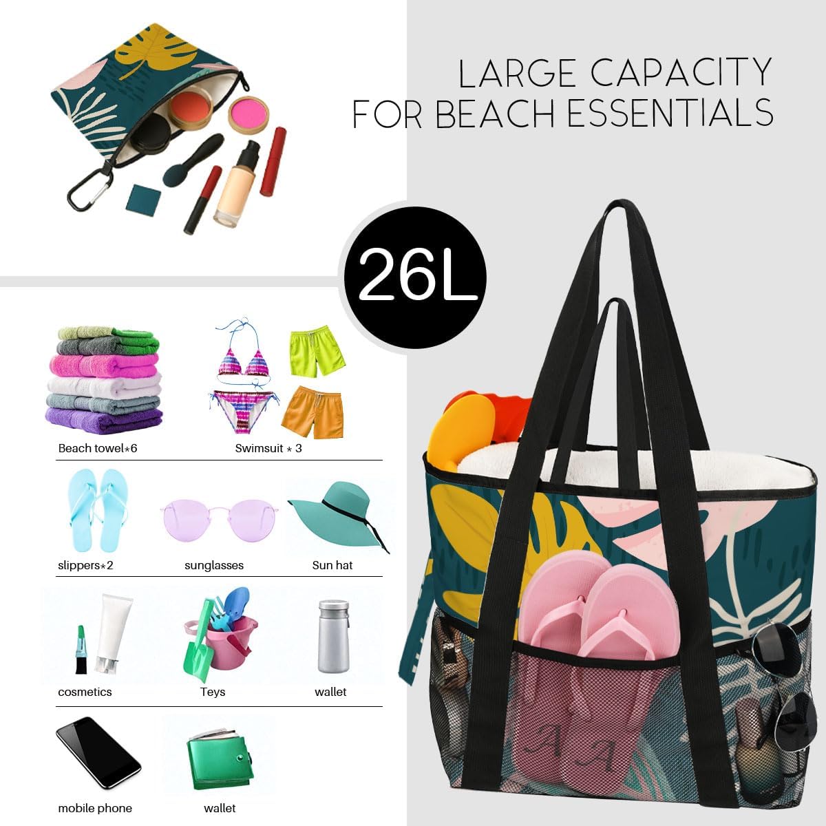 Sandproof Beach Bag with Zipper - 8-Pocket Waterproof Tote for Women & Family | Foldable Travel Swim Bag (Gift-Ready)