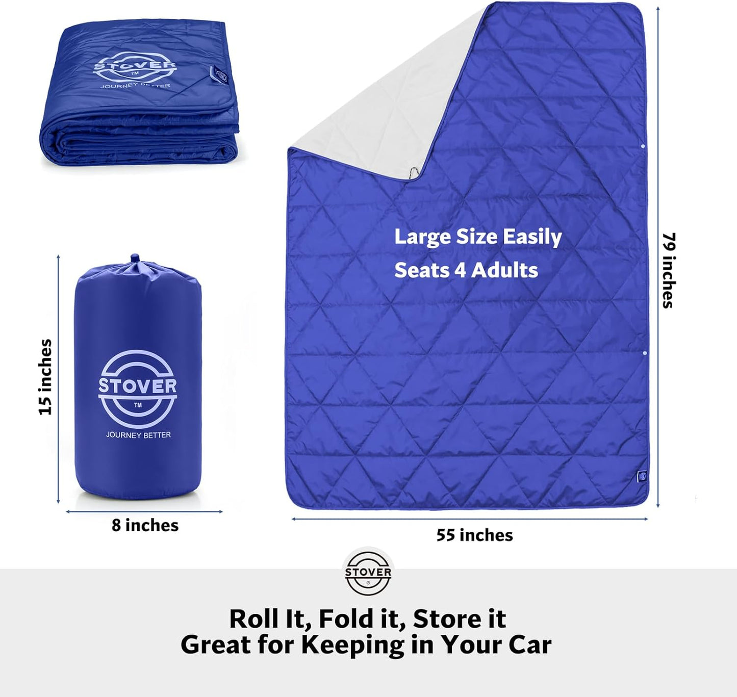 STOVER Outdoor Waterproof Fleece Travel Blanket for Camping, Picnics, Stadiums, Sports, The Beach– Warm, Windproof, Compact, Lightweight & Sand-Resistant (Navy Blue)