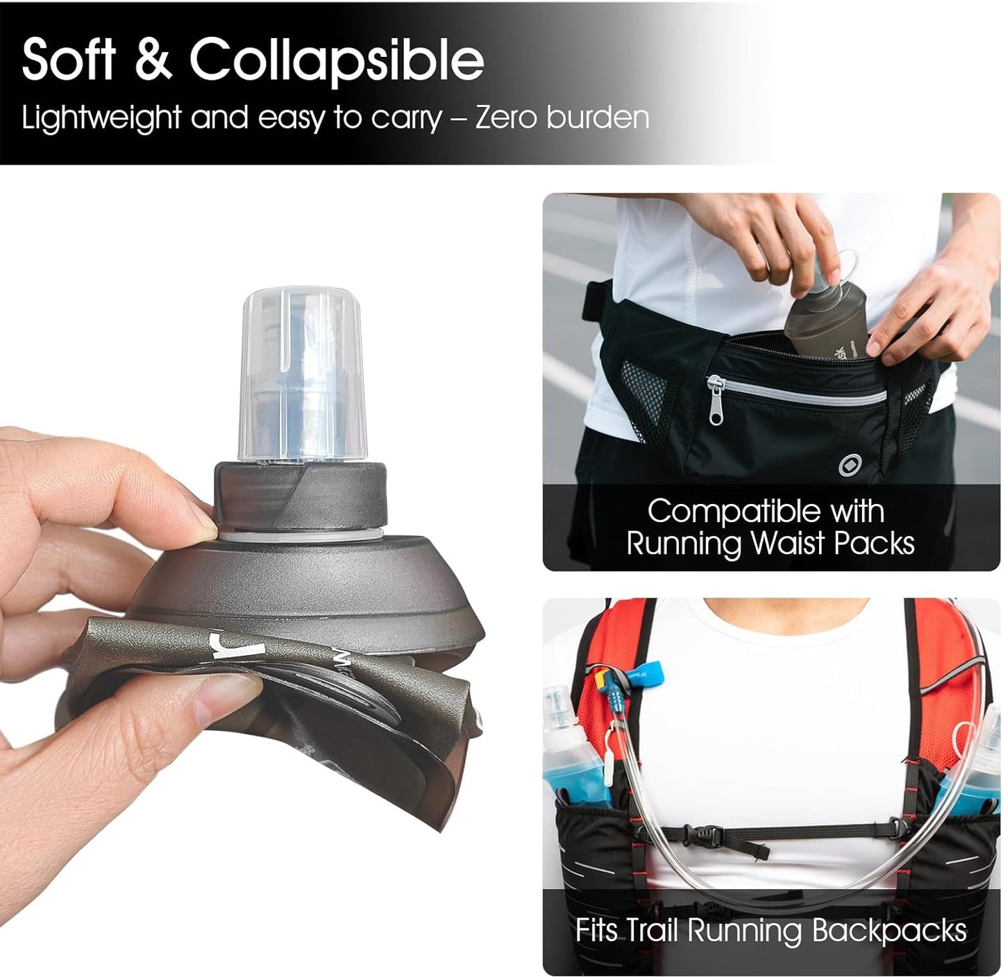 GYGYL Soft Flask, TPU Collapsible Soft Water Bottle for Hydration Pack, Running Vest, Leak-Proof Folding Water Bottle for Hiking Cycling Climbing Jogging-500ml Grey, 2pcs